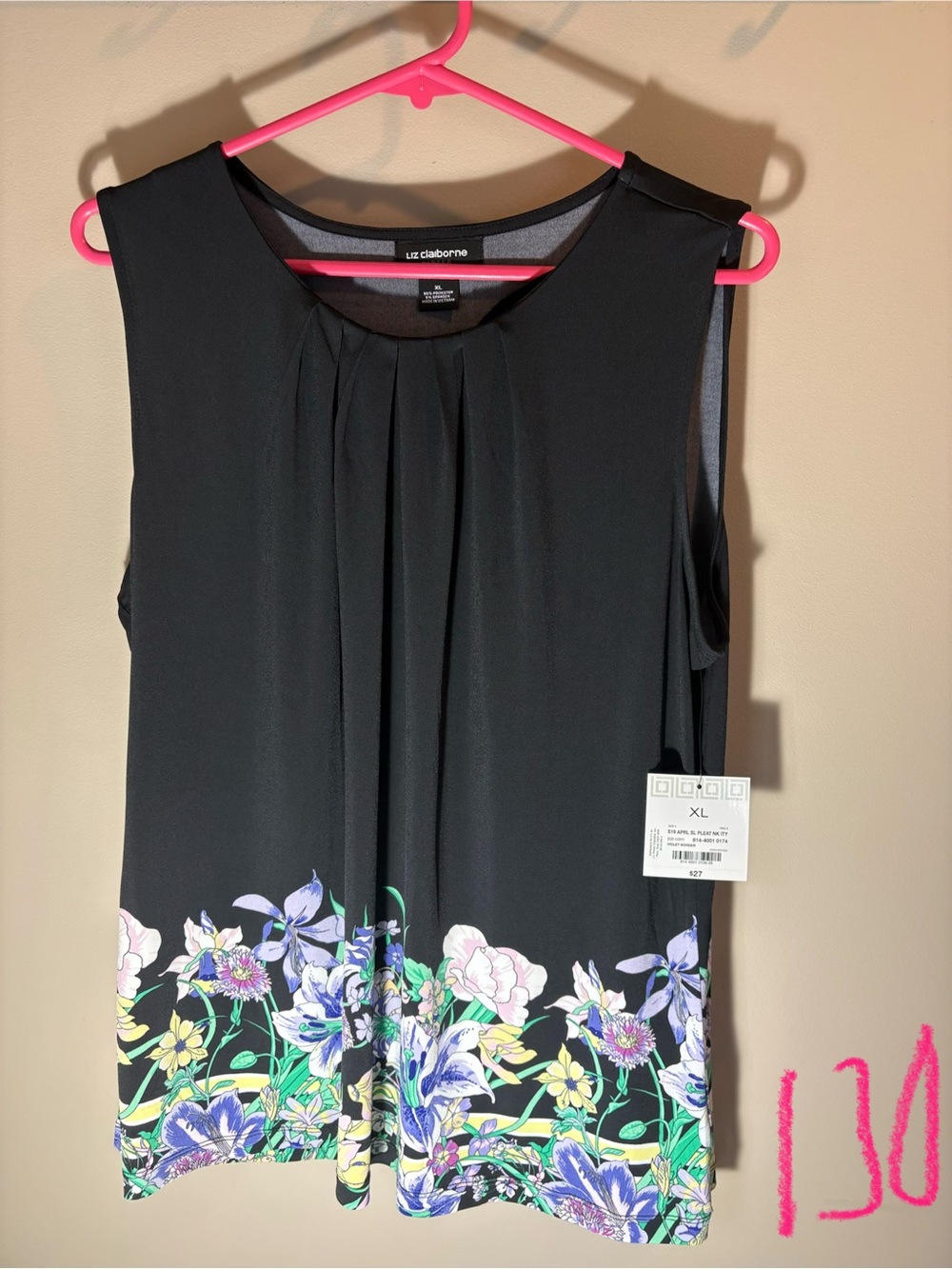 Liz Claiborne Black Sleeveless Top with Multicolor Floral Hem